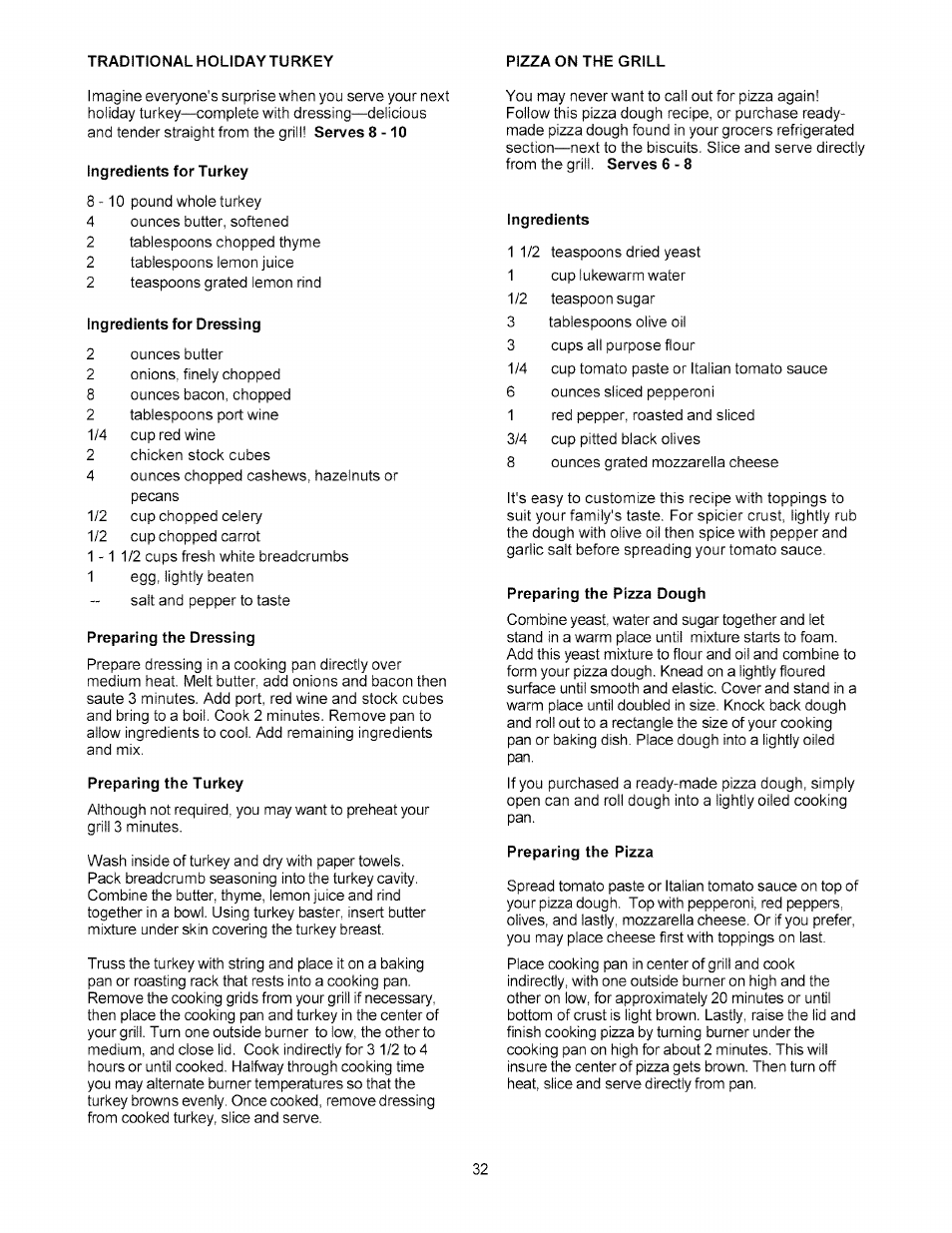 Ingredients for turkey, Ingredients for dressing, Preparing the dressing | Preparing the turkey, Ingredients, Preparing the pizza dough, Preparing the pizza, Serves 8 - 1 0 ingredients for turkey, Serves 6-8 ingredients | Kenmore 141.178600 User Manual | Page 32 / 34