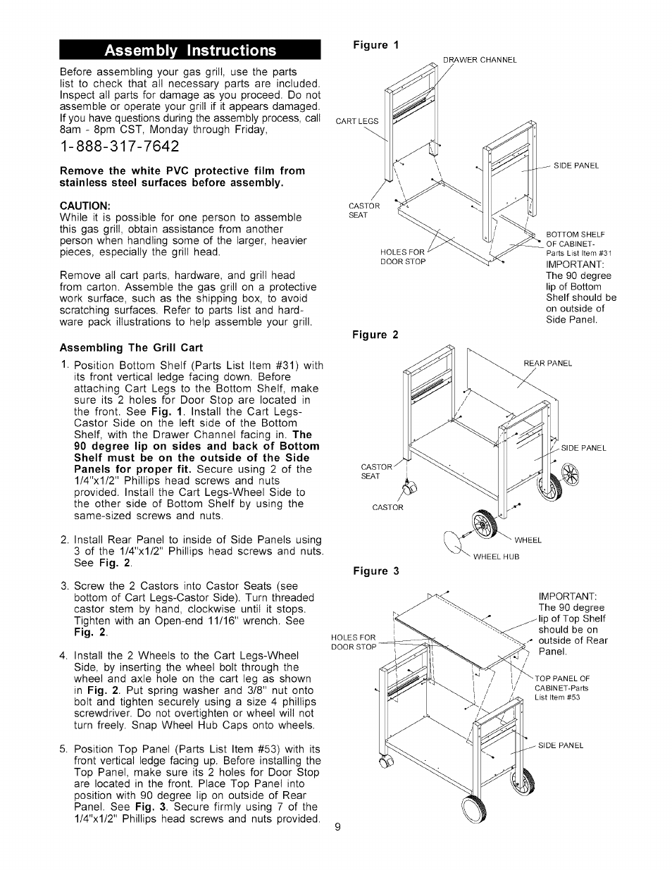 Caution, Assembling the grill cart, Assembly instructions | Kenmore 141.178600 User Manual | Page 9 / 34