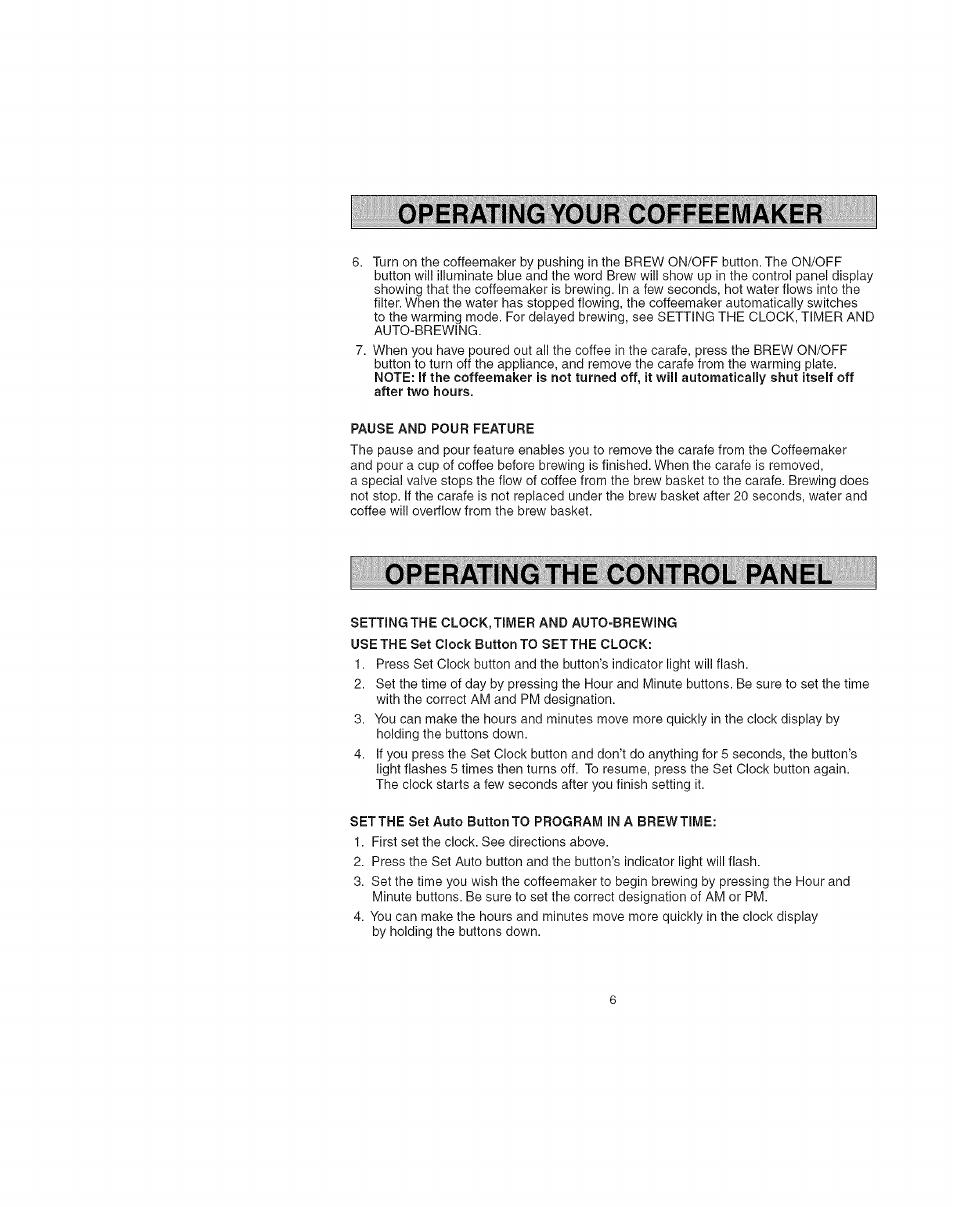 Operating your coffeemaker, Operating the control panel | Kenmore ELITE 100.90006 User Manual | Page 6 / 10