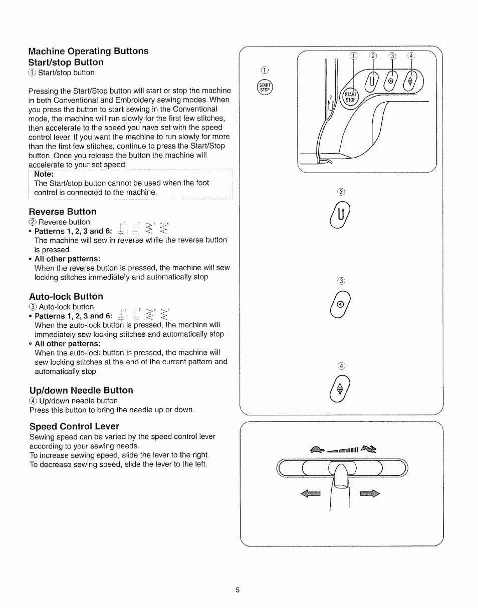 Machine operating buttons start/stop button, Reverse button, Auto-lock button | Up/down needle button, Speed control lever | Kenmore 385.19005 User Manual | Page 10 / 87