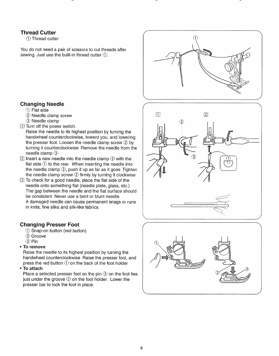 Thread cutter, Changing needle, Changing presser foot | Kenmore 385.19005 User Manual | Page 13 / 87