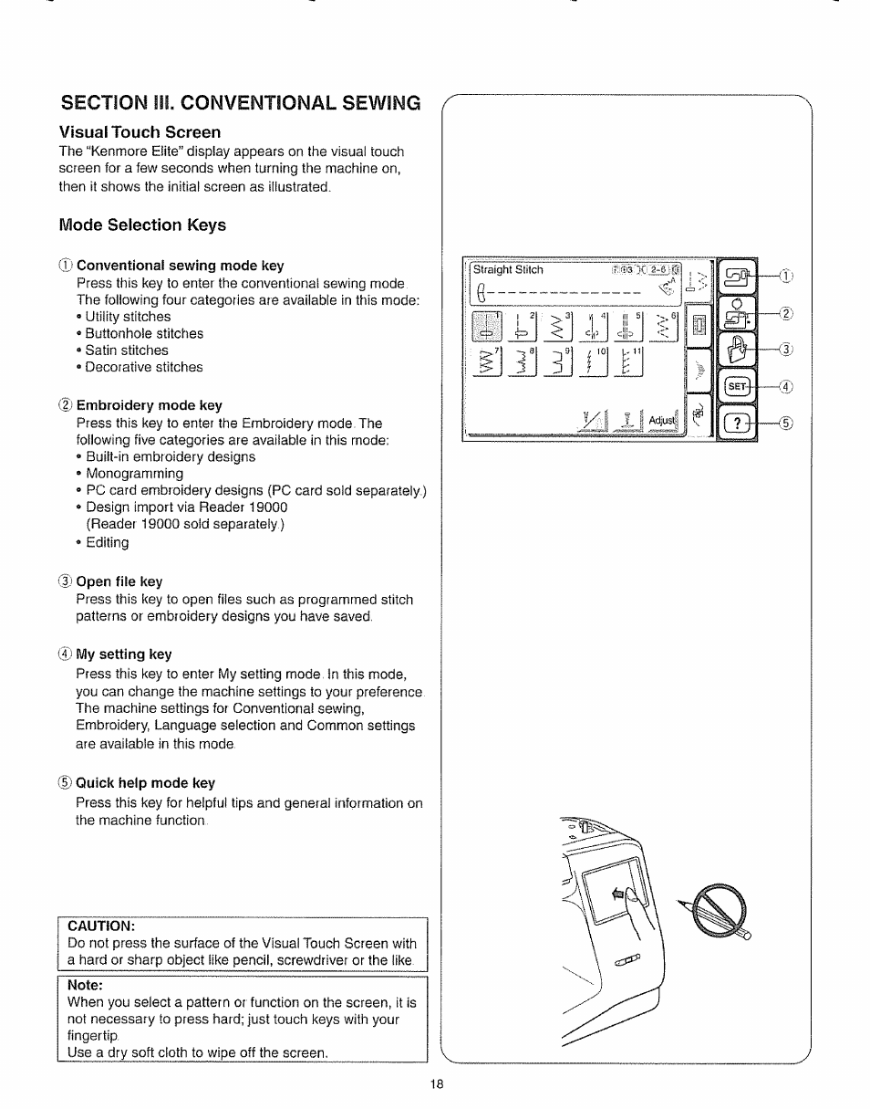 Visual touch screen, Mode selection keys | Kenmore 385.19005 User Manual | Page 23 / 87