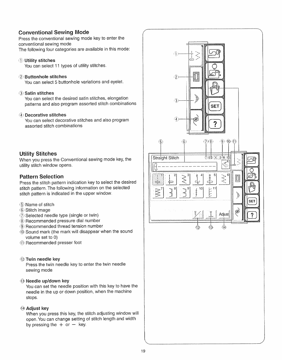 Conventional sewing mode, Utility stitches, Pattern selection | Utility stitches pattern selection | Kenmore 385.19005 User Manual | Page 24 / 87