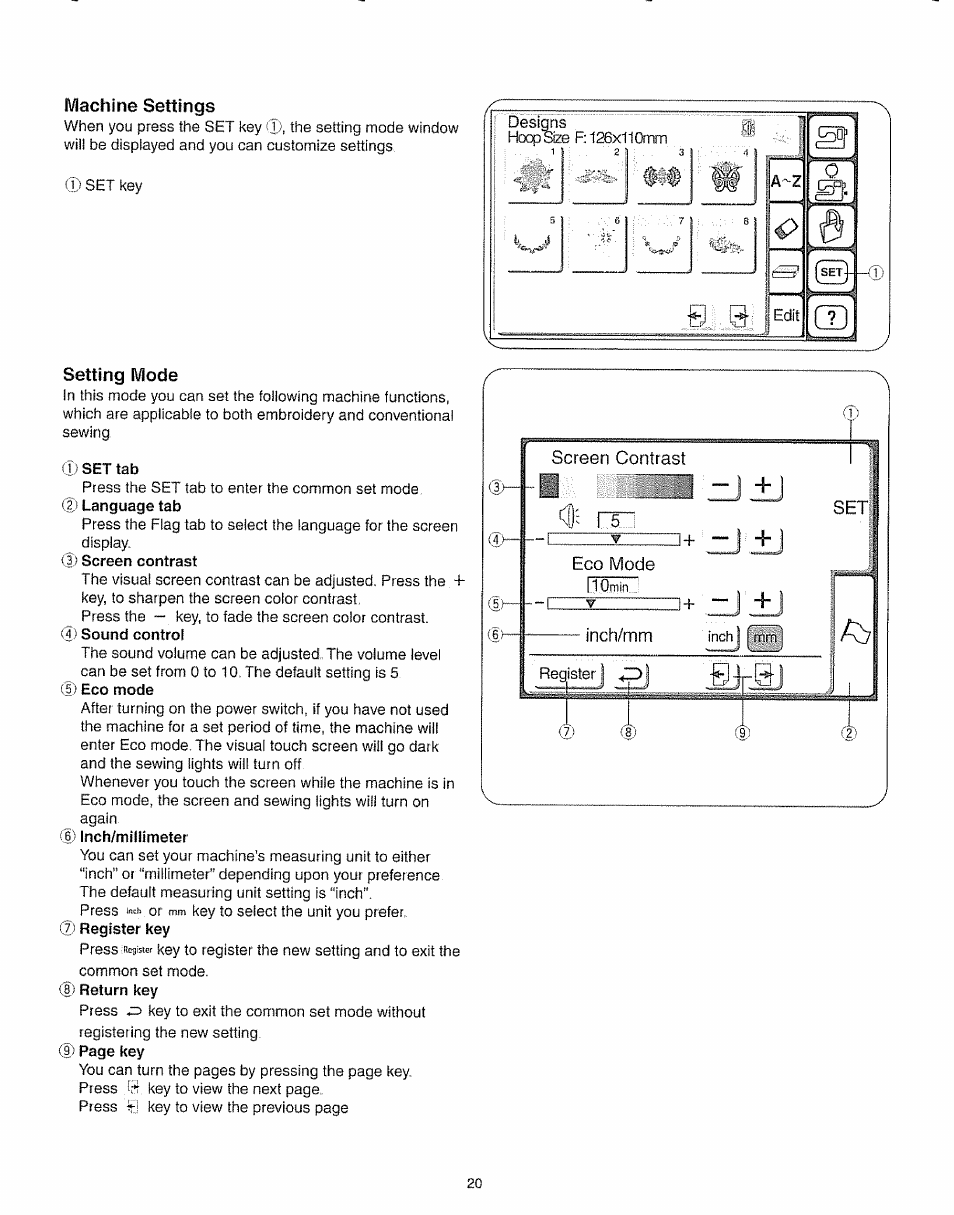 Machine settings, Setting mode, Screen contrast | Eco mode, Qpti, Inch/mm, Machine settings setting mode | Kenmore 385.19005 User Manual | Page 25 / 87