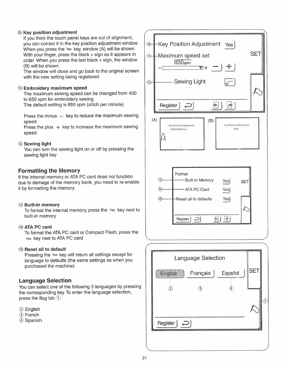 Formatting the memory, Language selection, Formatting the memory language selection | Kenmore 385.19005 User Manual | Page 26 / 87