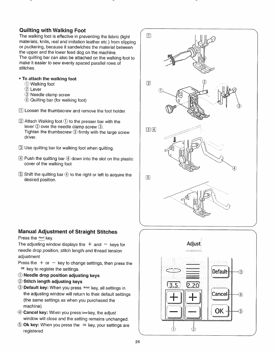 Quilting with walking foot, Manual adjustment of straight stitches, Adjust | I /t"| *4”] (zj q | Kenmore 385.19005 User Manual | Page 29 / 87