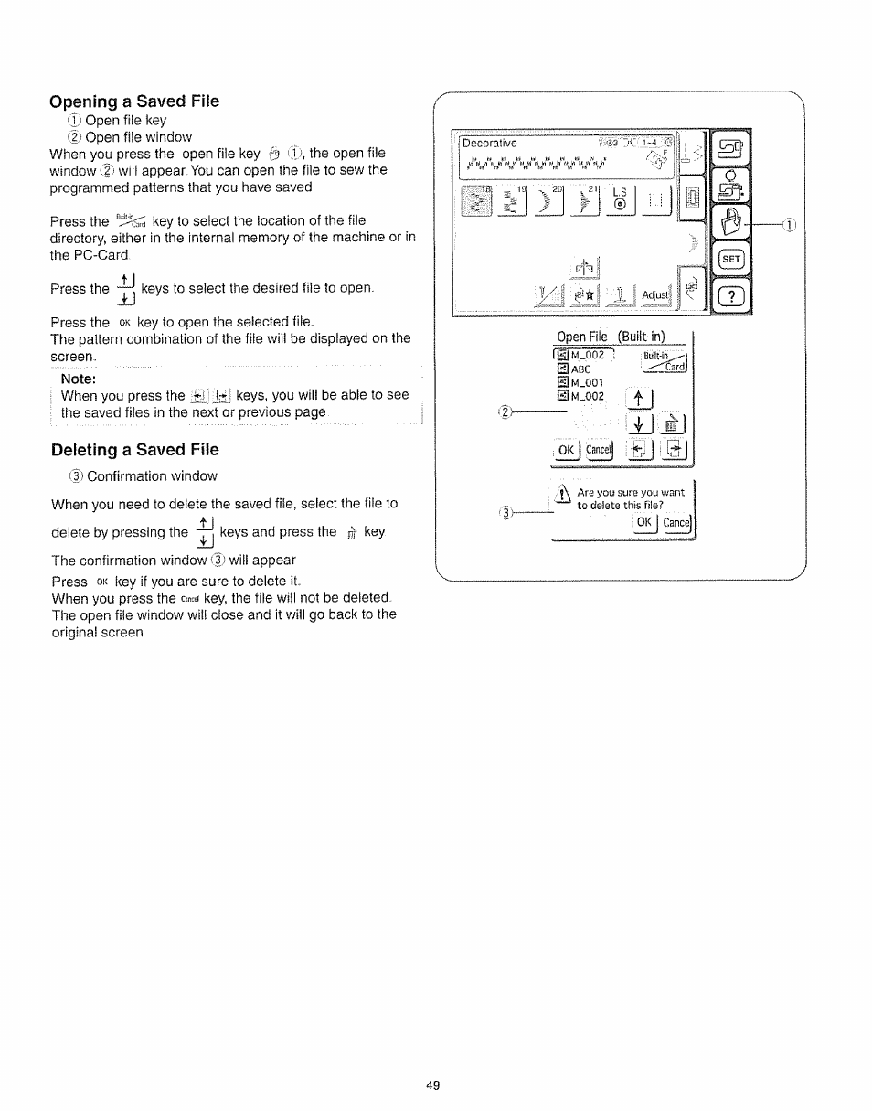 Opening a saved file, Deleting a saved file | Kenmore 385.19005 User Manual | Page 54 / 87