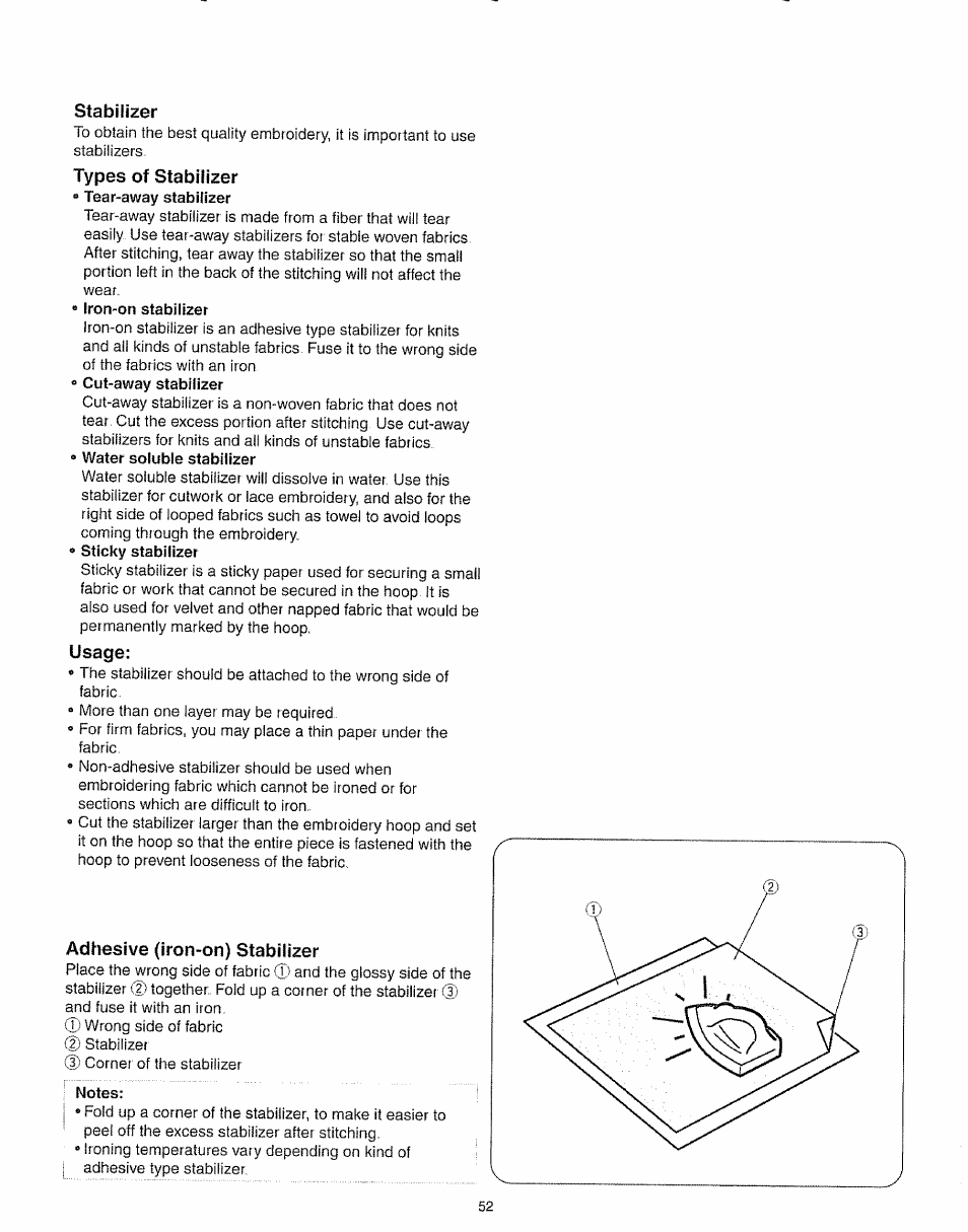 Stabilizer, Types of stabilizer, Usage | Adhesive (iron-on) stabilizer | Kenmore 385.19005 User Manual | Page 57 / 87