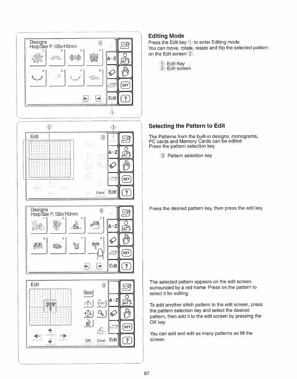 Editing mode, Selecting the pattern to edit | Kenmore 385.19005 User Manual | Page 72 / 87