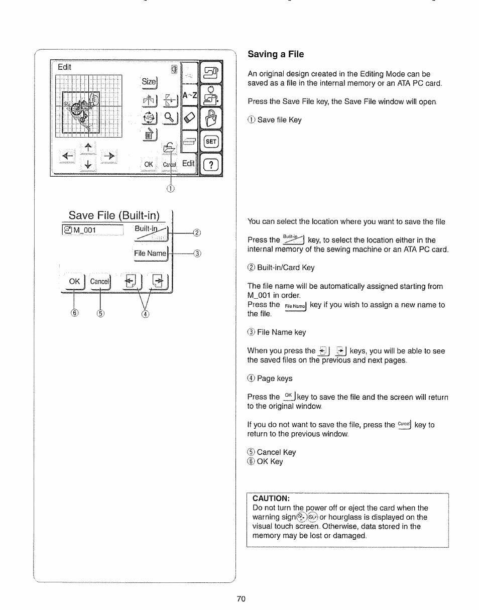 Saving a file, Caution | Kenmore 385.19005 User Manual | Page 75 / 87