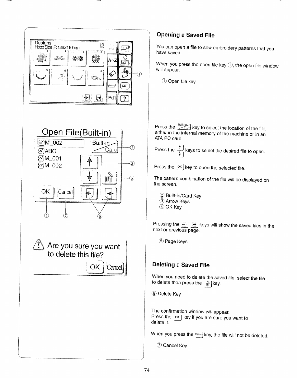 Opening a saved file, Deleting a saved file | Kenmore 385.19005 User Manual | Page 79 / 87