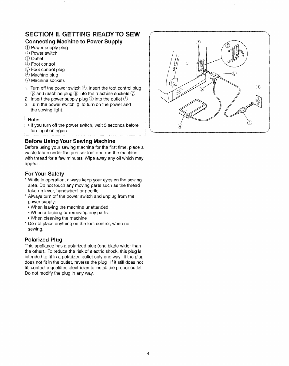 Connecting machine to power supply, Before using your sewing machine, For your safety | Polarized plug | Kenmore 385.19005 User Manual | Page 9 / 87