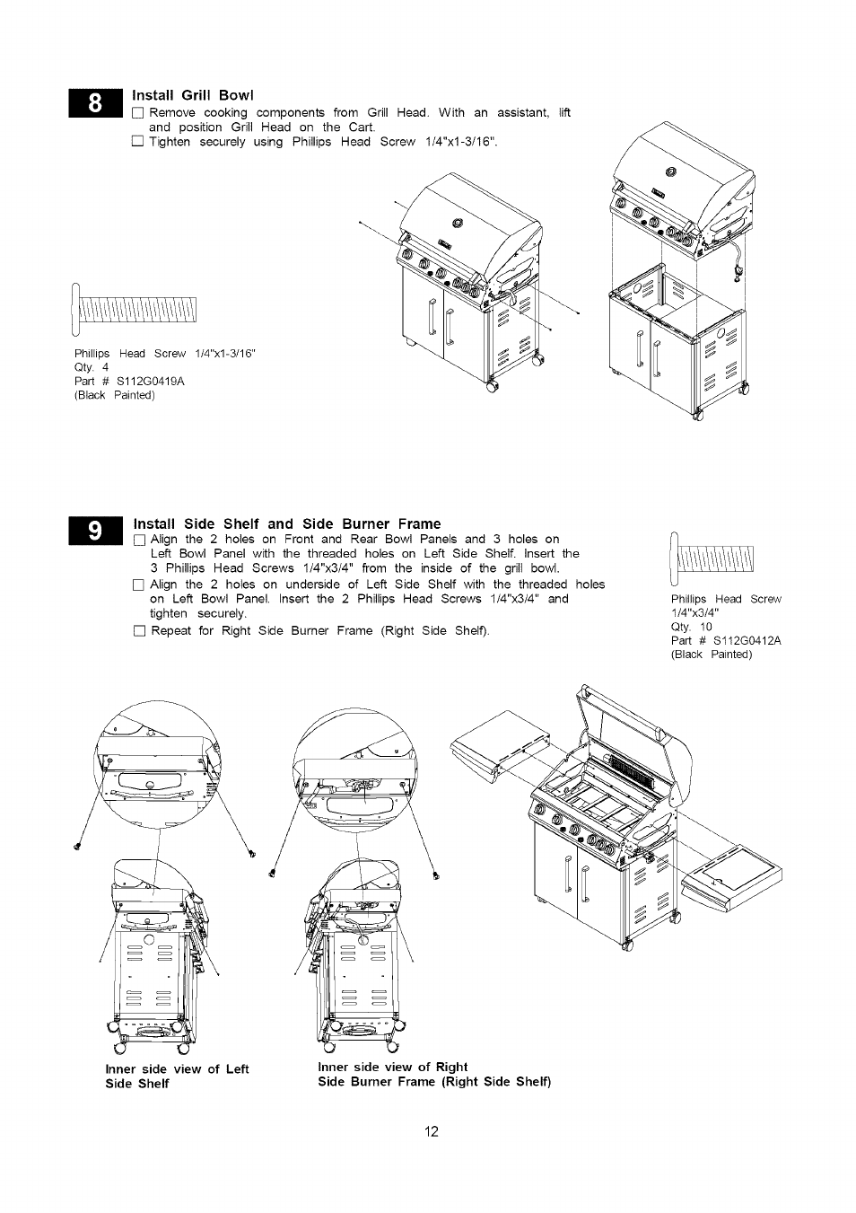 Install side shelf and side burner frame, Inner side view of right | Kenmore 141.16315800 User Manual | Page 12 / 64