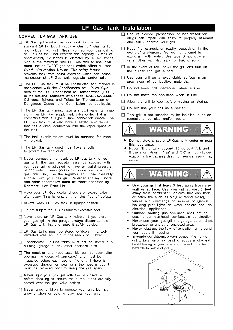 Lp gas tank installation, Correct lp gas tank use, Lp gas tank installation -18 | Kenmore 141.16315800 User Manual | Page 16 / 64