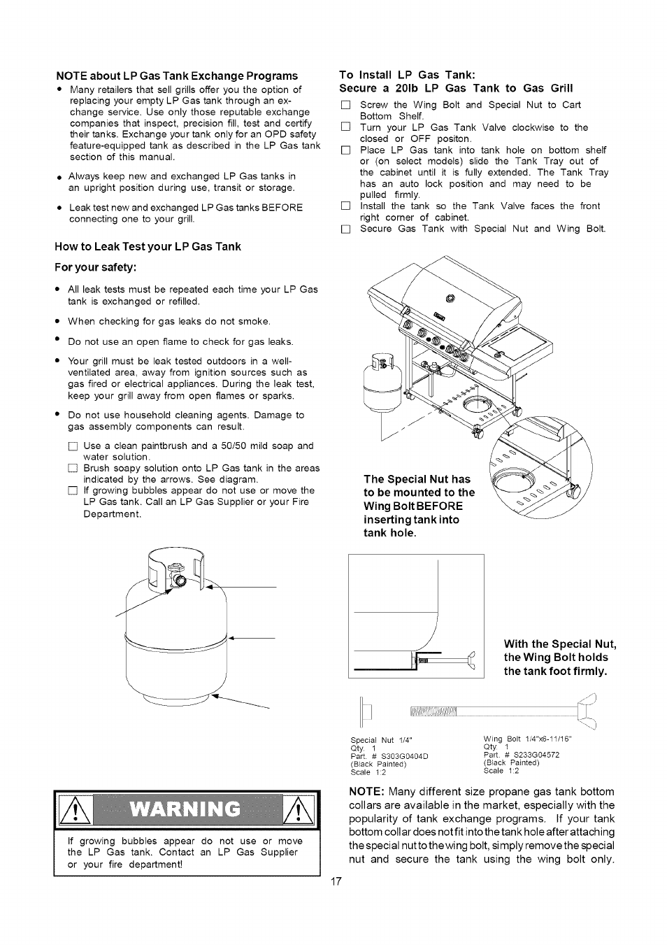 Note about lp gas tank exchange programs, How to leak test your lp gas tank, For your safety | To install lp gas tank, Secure a 201b lp gas tank to gas grill | Kenmore 141.16315800 User Manual | Page 17 / 64