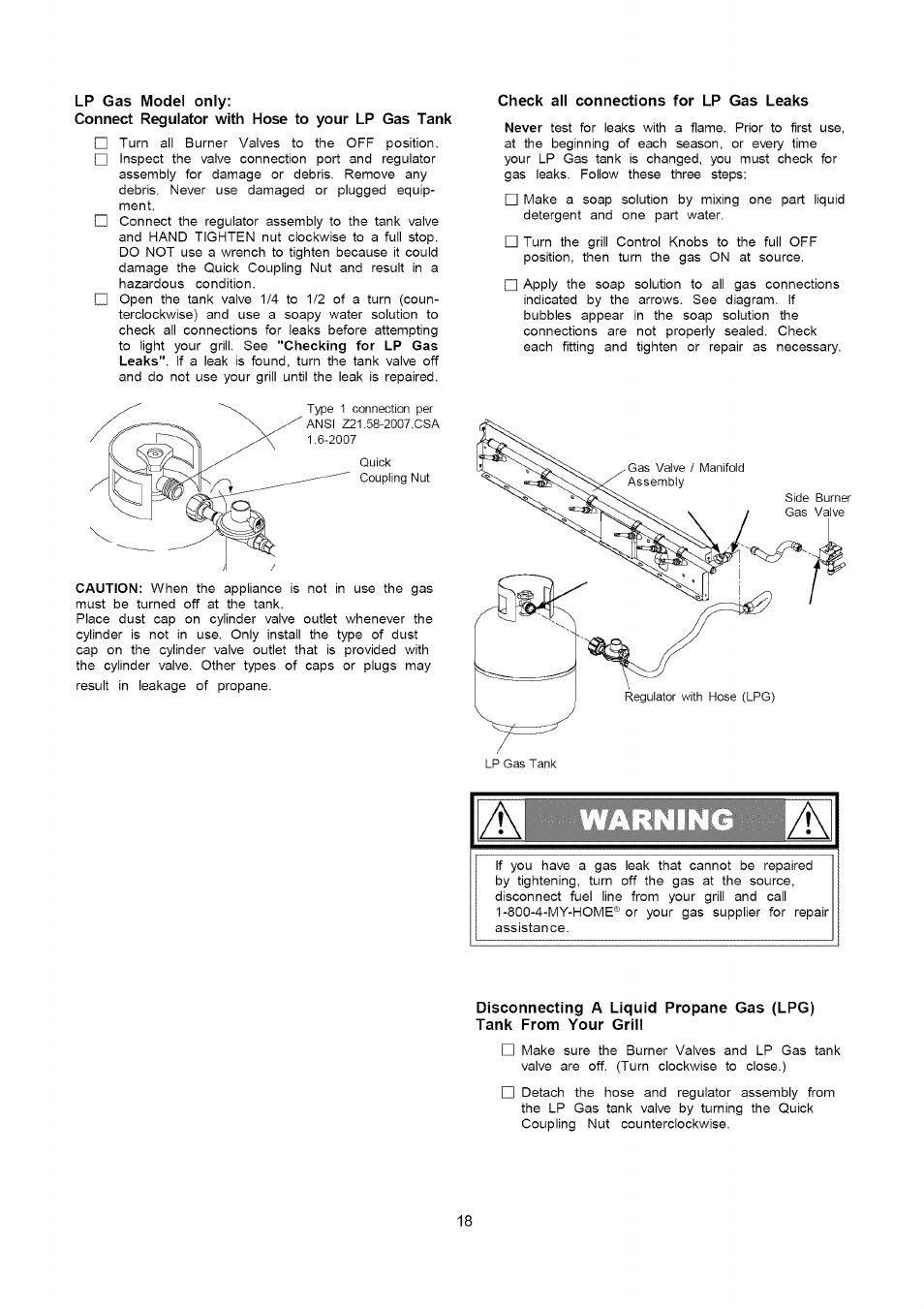 Lp gas model only, Connect regulator with hose to your lp gas tank, Check all connections for lp gas leaks | Kenmore 141.16315800 User Manual | Page 18 / 64