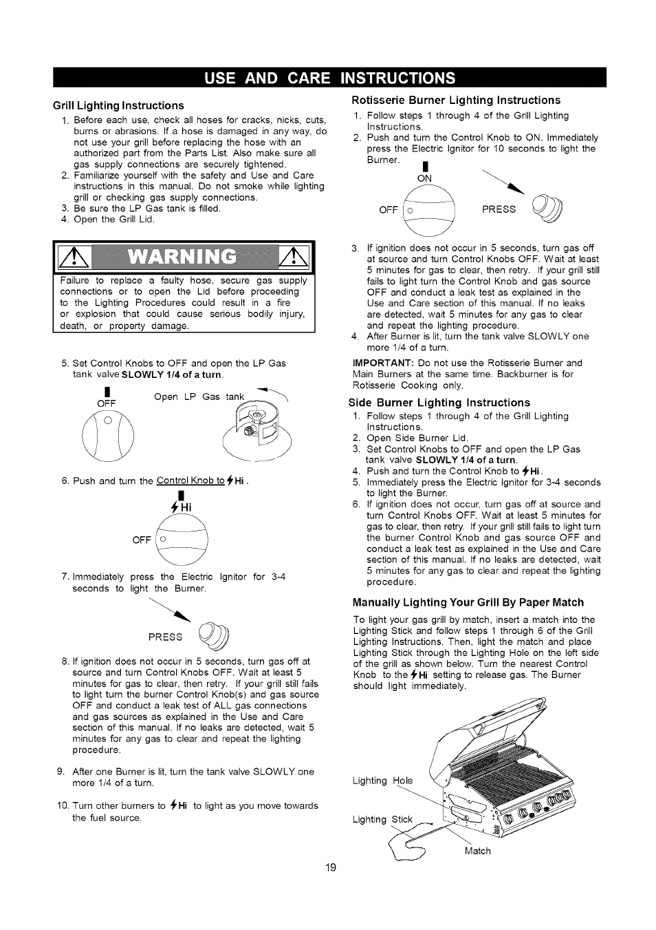 Use and care instructions, Grill lighting instructions, Rôtisserie burner lighting instructions | Side burner lighting instructions, Manually lighting your grill by paper match, Lighting instructions | Kenmore 141.16315800 User Manual | Page 19 / 64