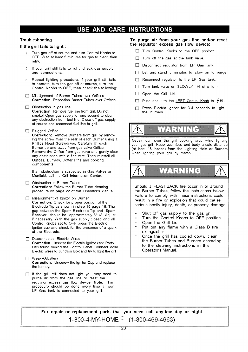 Use and care instructions, Troubleshooting if the grill fails to light | Kenmore 141.16315800 User Manual | Page 20 / 64