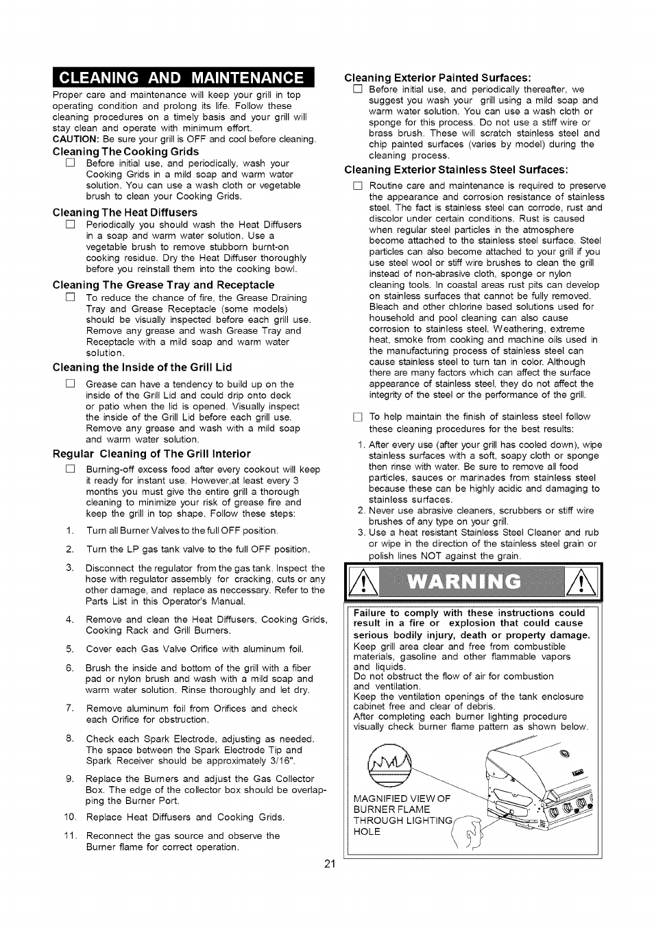 Cleaning and maintenance, Cleaning the cooking grids, Cleaning the heat diffusers | Cleaning the grease tray and receptacle, Cleaning the inside of the griil lid, Regular cleaning of the grill interior, Cleaning exterior painted surfaces, Cleaning exterior stainless steei surfaces, Cleaning and maintenance -22 | Kenmore 141.16315800 User Manual | Page 21 / 64