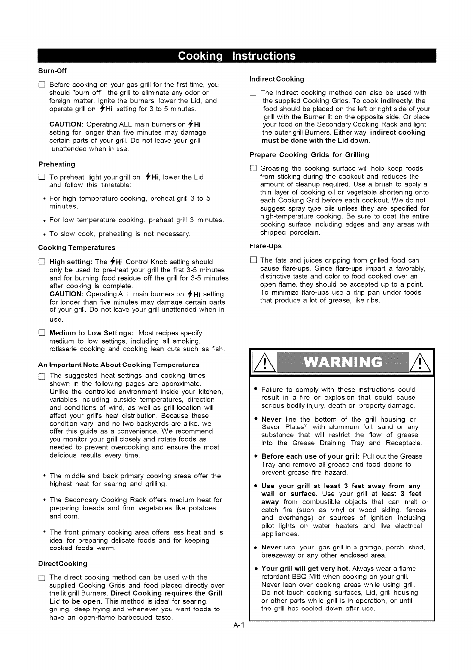 Cooking instructions, Burn-off, Preheating | Cooking temperatures, An important note about cooking temperatures, Indirect cooking, Prepare cooking grids for grilling, Flare-ups | Kenmore 141.16315800 User Manual | Page 23 / 64