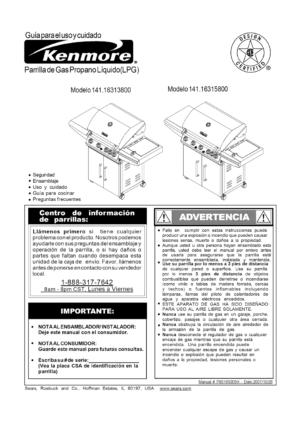 Kenmore, Nota al consumidor, Guarde este manual para futuras consultas | Escribasu#de serie, Vea la placa csa de identificación en la parrilla), Centro de información de parriiias, Importante, Guía para el usoy cuidado, Parrilla de gas propano líquido(lpg) | Kenmore 141.16315800 User Manual | Page 33 / 64