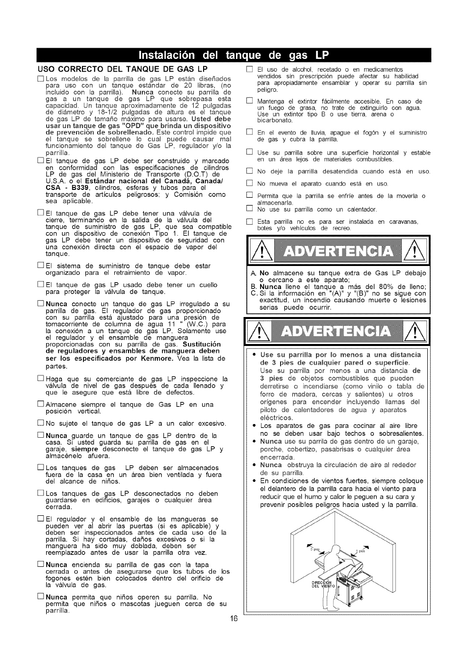 Instalación del tanque de gas lp, Uso correcto del tanque de gas lp, Instalación del tanque de gas lp -18 | Kenmore 141.16315800 User Manual | Page 48 / 64