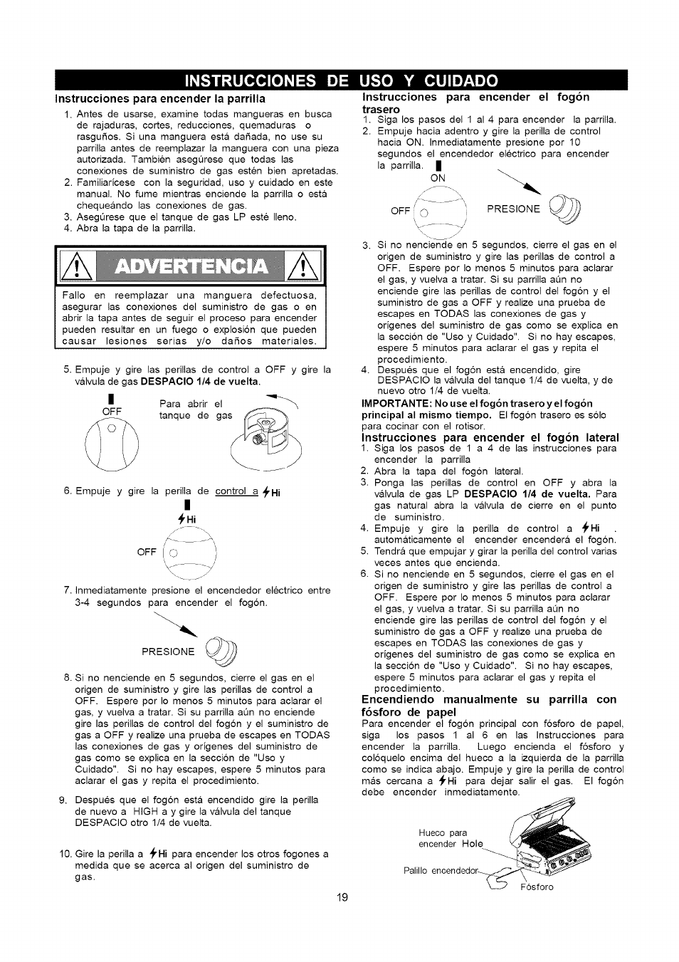 Instrucciones de uso y cuidado, Instrucciones para encender la parrilla, Instrucciones para encender el fogón trasero | Instrucciones para encender el fogón lateral, Instrucciones para encender, Advertencia | Kenmore 141.16315800 User Manual | Page 51 / 64