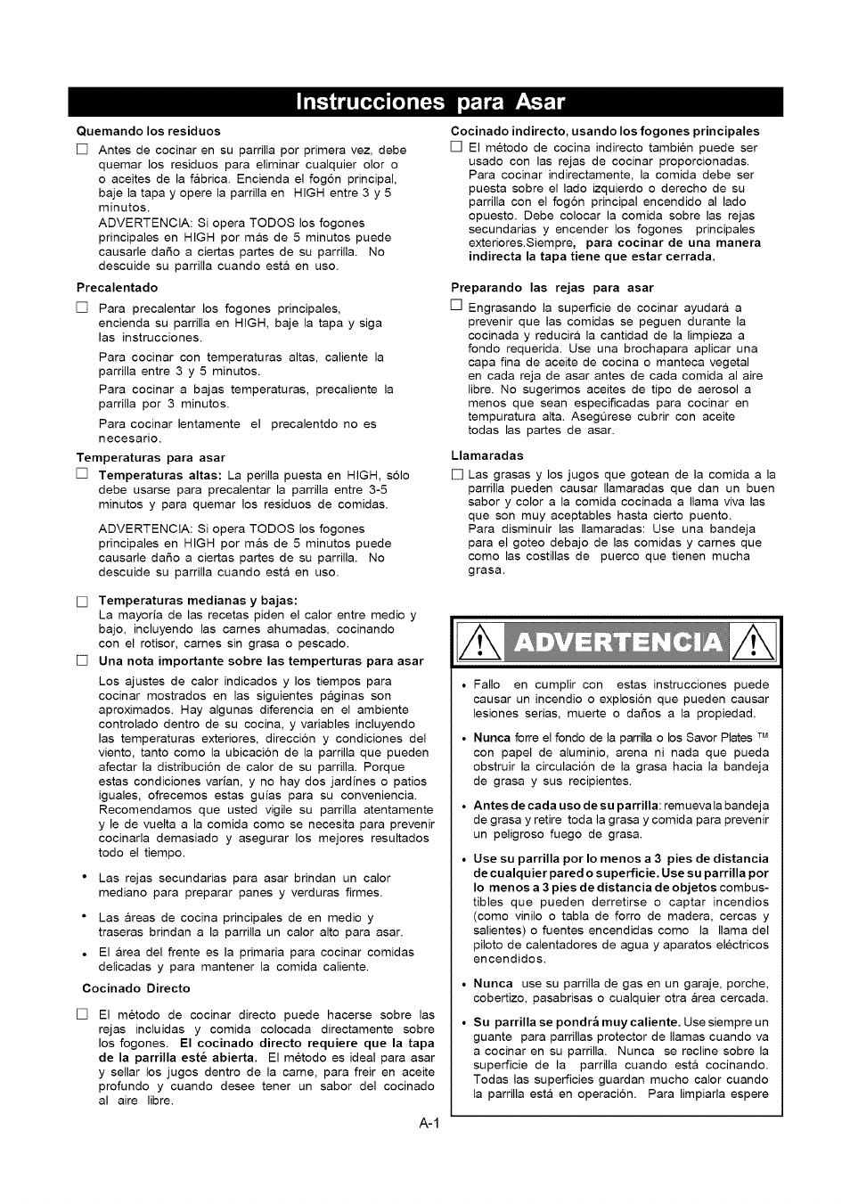 Instrucciones para asar, Quemando los residuos, Precalentado | Cocinado indirecto, usando los fogones principales, Preparando las rejas para asar, Llamaradas, Temperaturas medianas y bajas | Kenmore 141.16315800 User Manual | Page 55 / 64