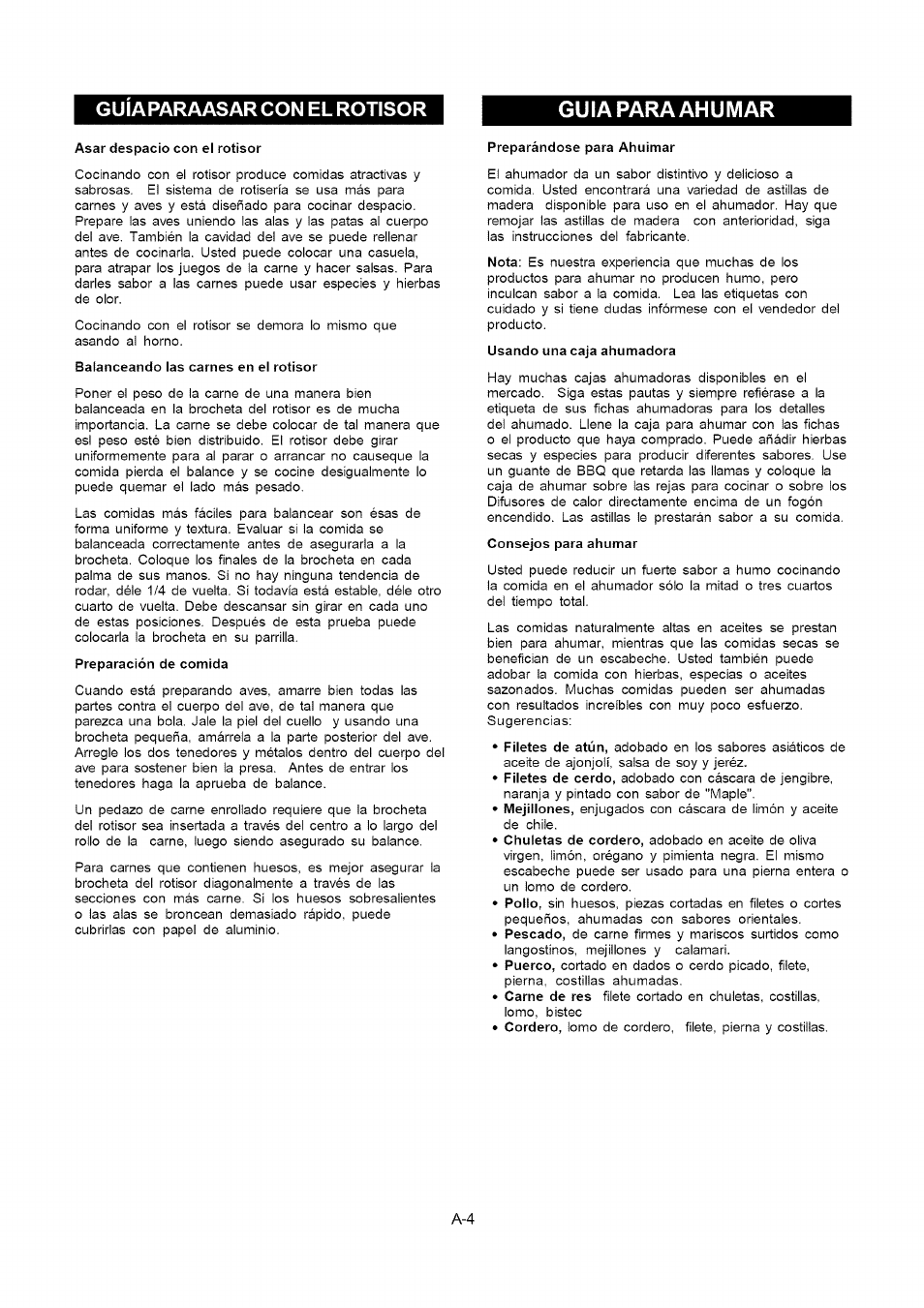 Asar despacio con el rotisor, Balanceando las carnes en el rotisor, Preparándose para ahuimar | Usando una caja ahumadora, Consejos para ahumar, Guiaparaasarcon elrotisor guia para ahumar | Kenmore 141.16315800 User Manual | Page 58 / 64