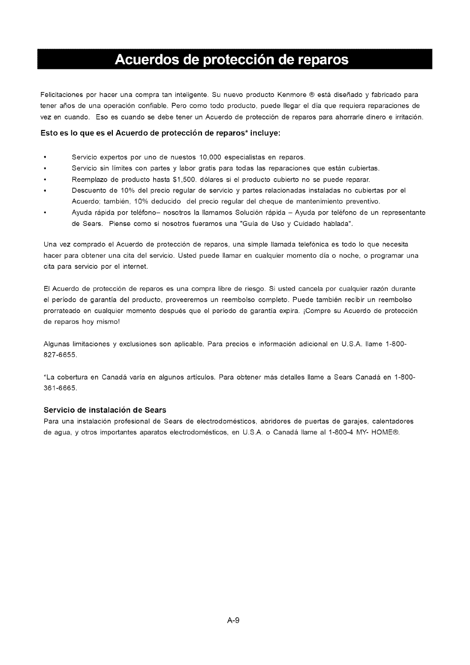 Acuerdos de protección de reparos, Servicio de instaiación de sears | Kenmore 141.16315800 User Manual | Page 63 / 64