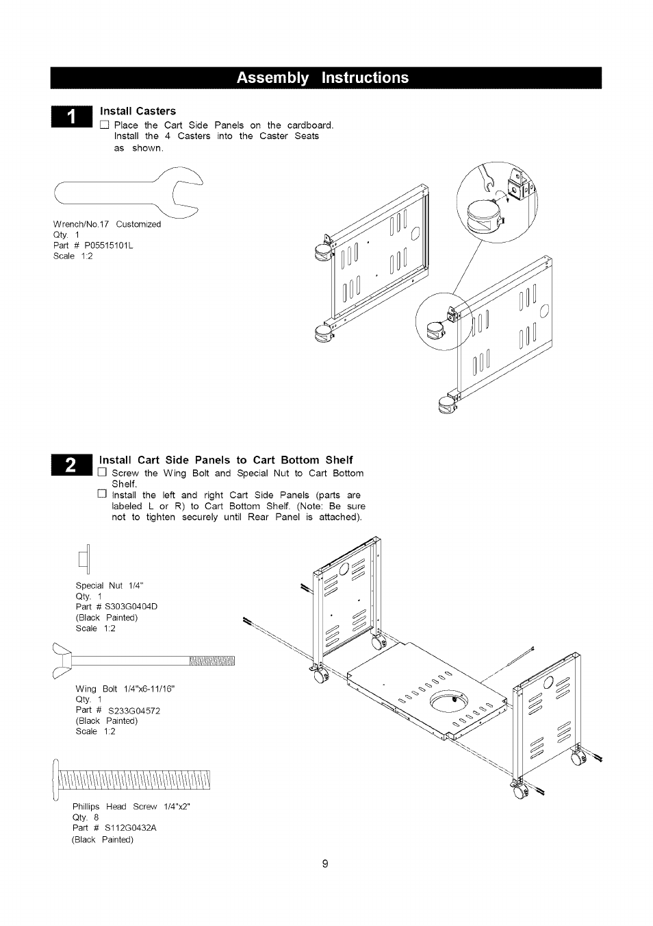 Assembly instructions, Install cart side panels to cart bottom shelf, Pre-assembly instructions | Kenmore 141.16315800 User Manual | Page 9 / 64