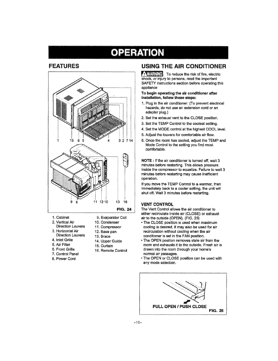 Features, Using the air conditioner, Operation | Kenmore 580.76100 User Manual | Page 10 / 32