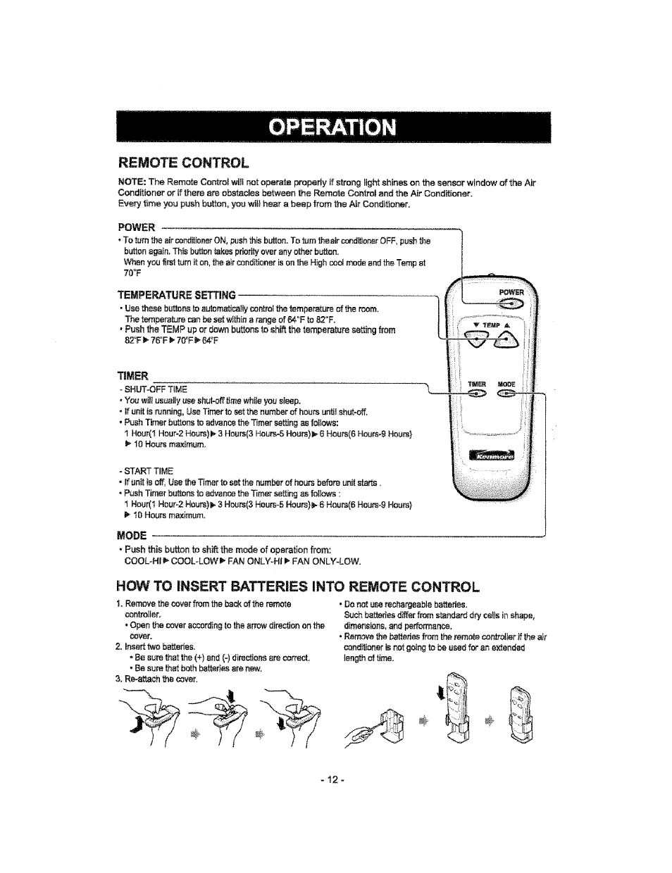 Remote control, How to insert batteries into remote control, Operation | Kenmore 580.76100 User Manual | Page 12 / 32