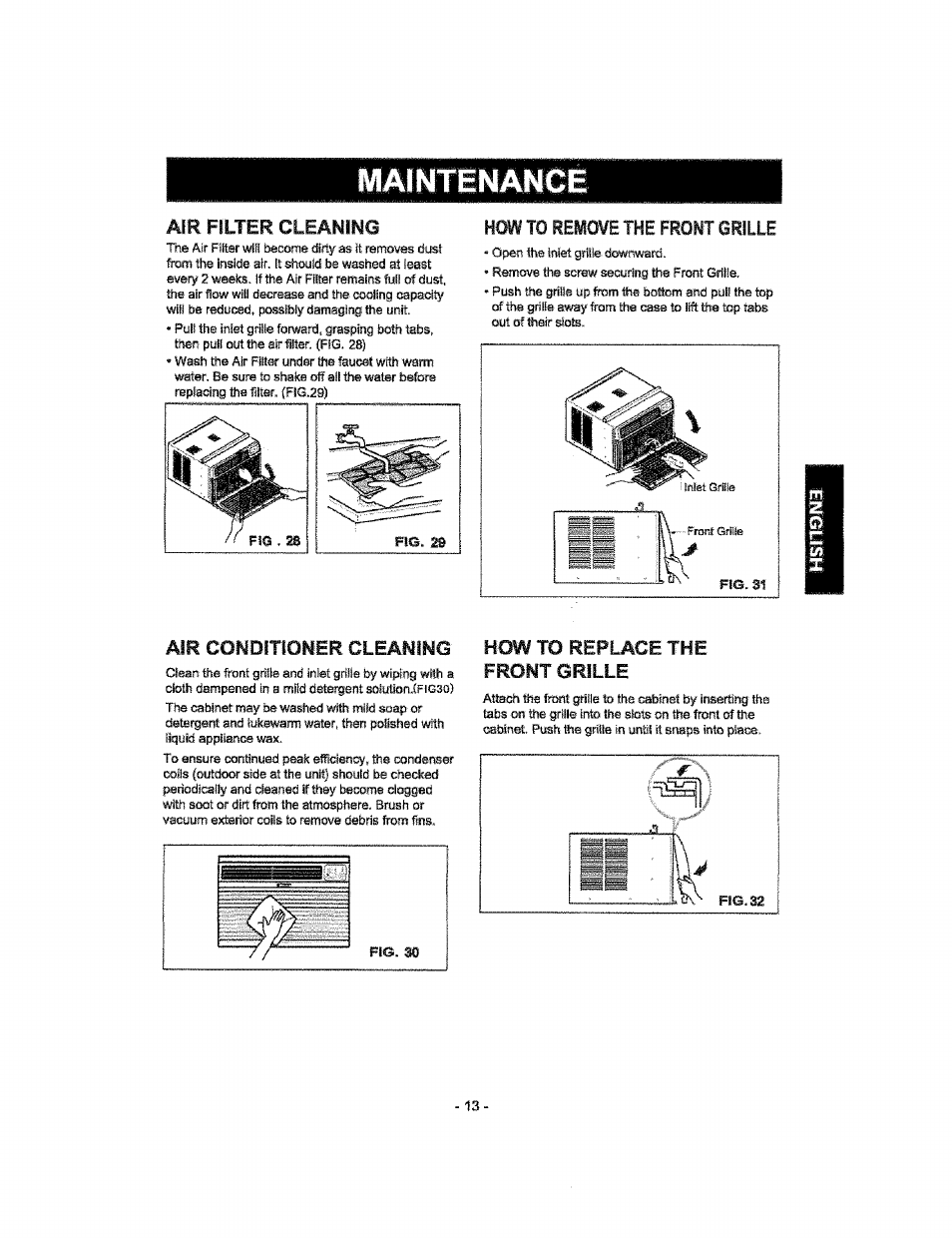 Air filter cleanwg, How to remove the front grille, Air conditiorer gleaming | How to replace the front grille, Air conditioner cleaning, Maintenance | Kenmore 580.76100 User Manual | Page 13 / 32