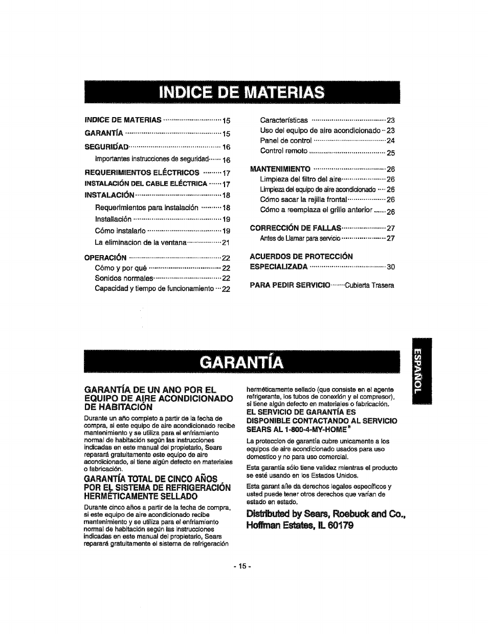 Equipo de aire acondicionado de habitación, Indice de materias, Garantia | Di^bum by s^im, ftebudc and co | Kenmore 580.76100 User Manual | Page 15 / 32