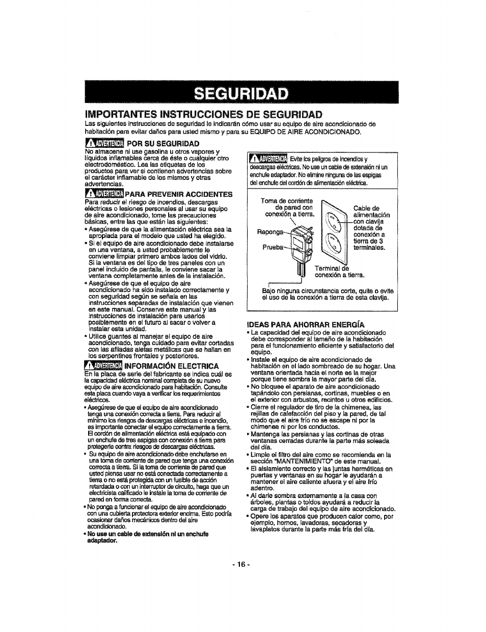 Impormntes imstrugcionés de seguridad, Дшепш, Información electrica | Importantes instrucciones de seguridad, Seguridad | Kenmore 580.76100 User Manual | Page 16 / 32