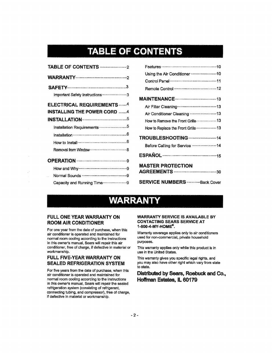 Table of contints, Warranty service is available by, Klilribiiml ^ seam, rosbudc aiici cki | Warranty, Safety, Requirements, The power cord, Full one year warranty on room air conditioner, Full five-year warranty on sealed | Kenmore 580.76100 User Manual | Page 2 / 32