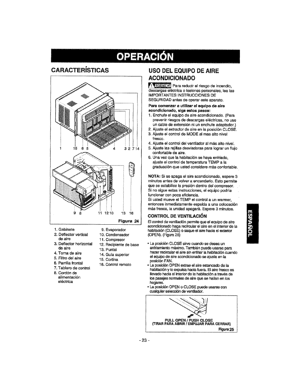 Uso del equipo de aire acondicionado, Operación, Cahacteeisticas | Kenmore 580.76100 User Manual | Page 23 / 32