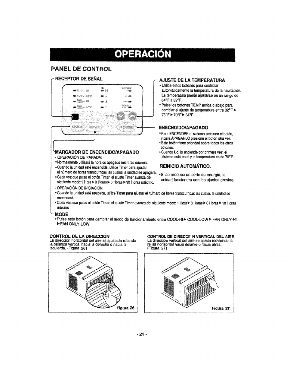 Panel de control, Par?el de control, Operacion | Kenmore 580.76100 User Manual | Page 24 / 32