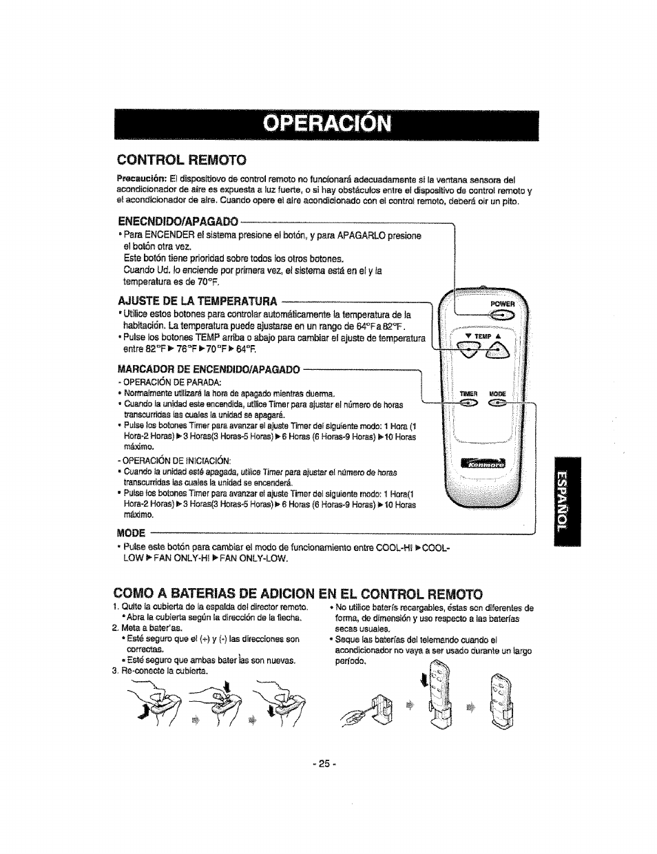 Operacion, Control remoto, Como | Baterias de adicion, En el control remoto | Kenmore 580.76100 User Manual | Page 25 / 32