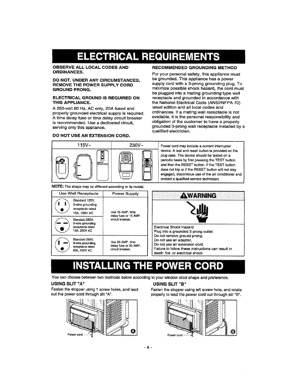 Electrical requirements, Er cord | Kenmore 580.76100 User Manual | Page 4 / 32