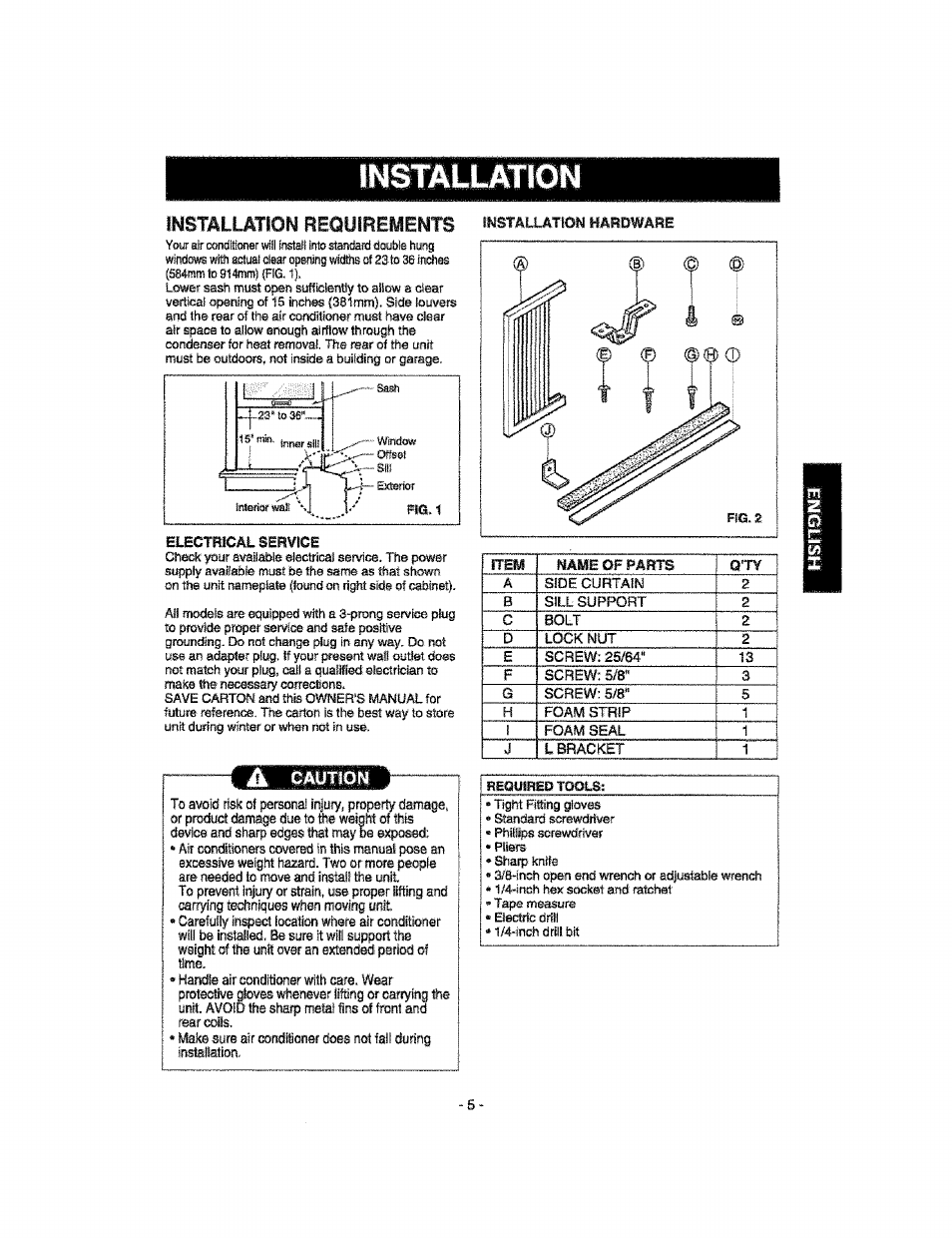 Installation requirements installation hardware, Installation, Installation requirements | Kenmore 580.76100 User Manual | Page 5 / 32