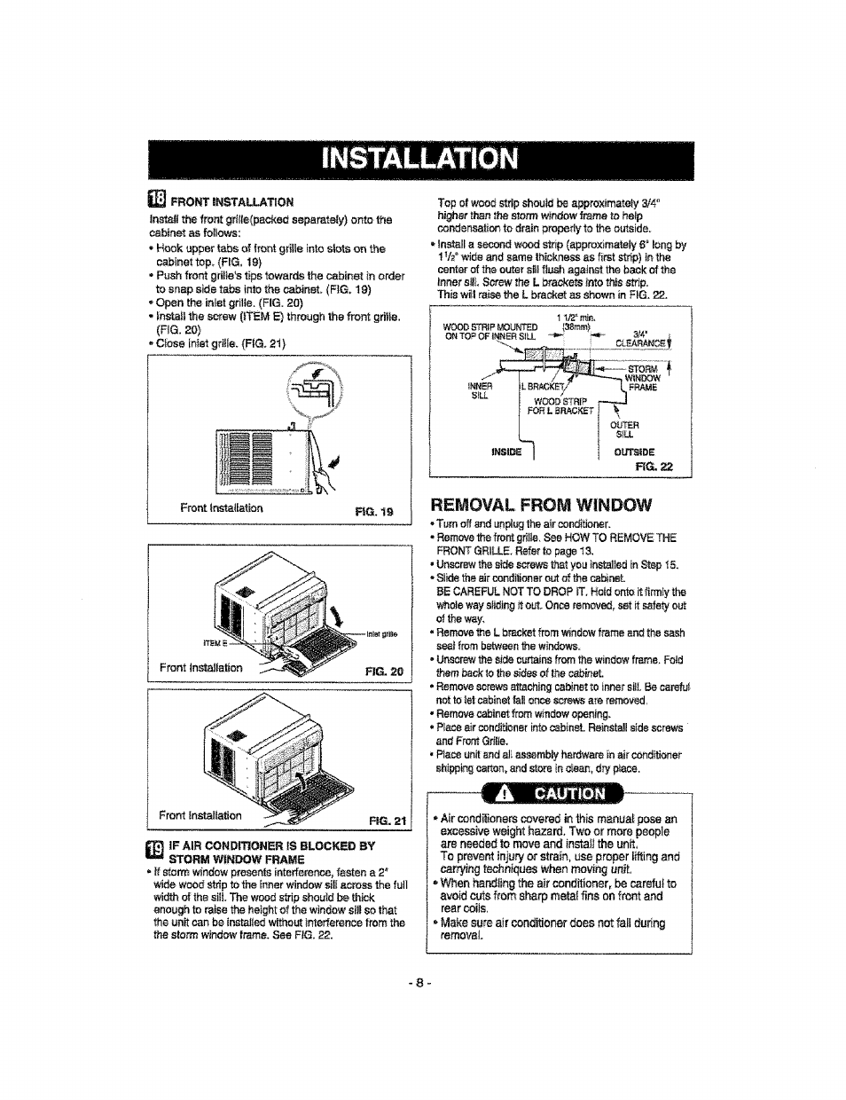 Removal from window, Removal frcrni window, Installation | Kenmore 580.76100 User Manual | Page 8 / 32