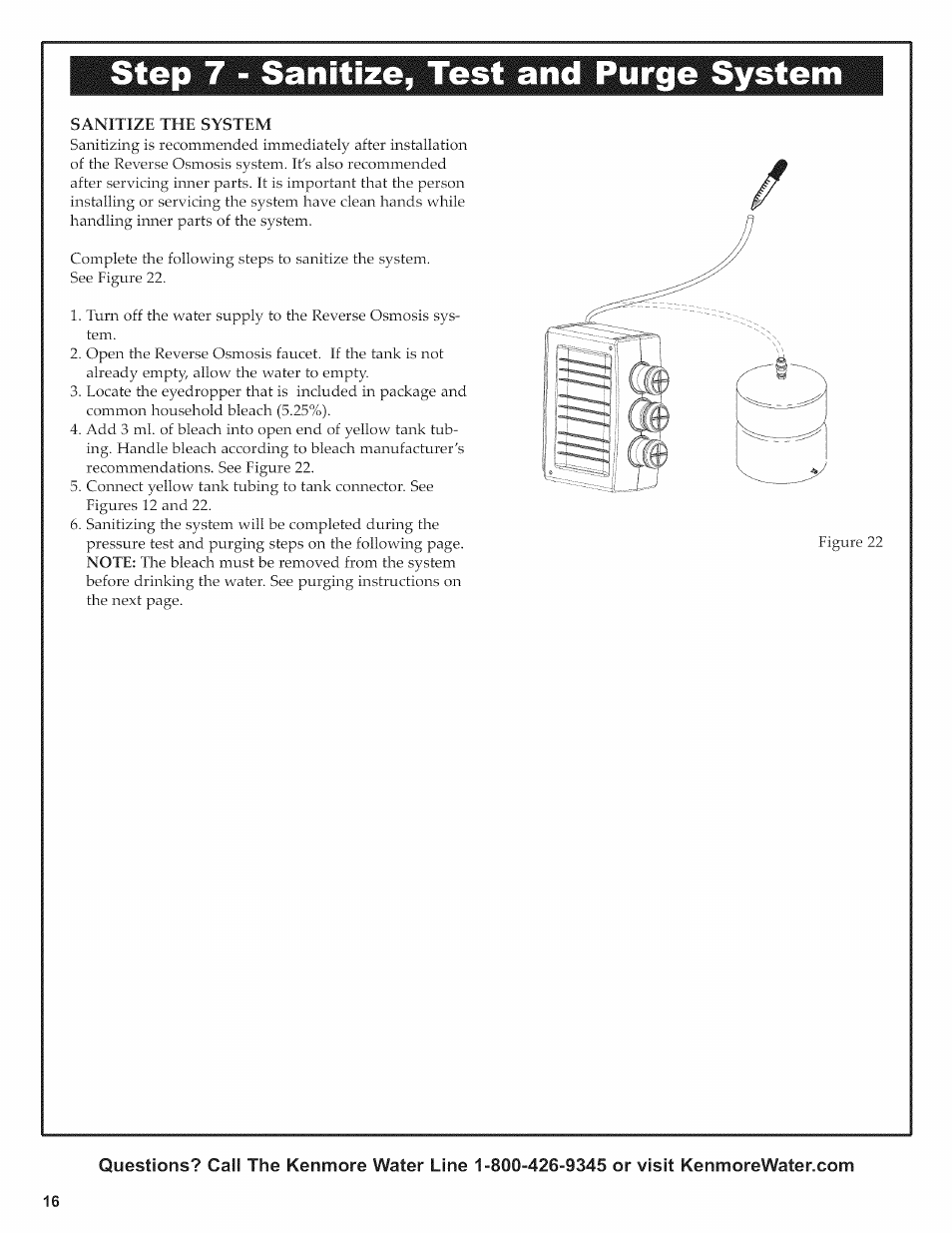 Ze, test and purge system, Sanitize the system, Step 7 - ze, test and purge system | Kenmore ULTRAFILTER 650 625.38556 User Manual | Page 16 / 28