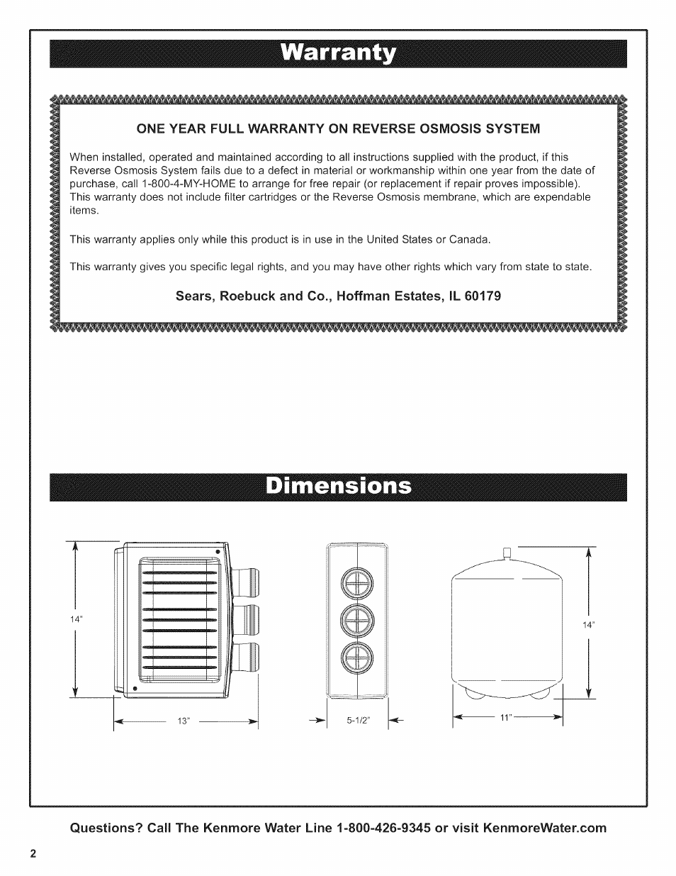 Warranty, One year full warranty on reverse osmosis system, Sears, roebuck and co., hoffman estates, il 60179 | Dimensions | Kenmore ULTRAFILTER 650 625.38556 User Manual | Page 2 / 28