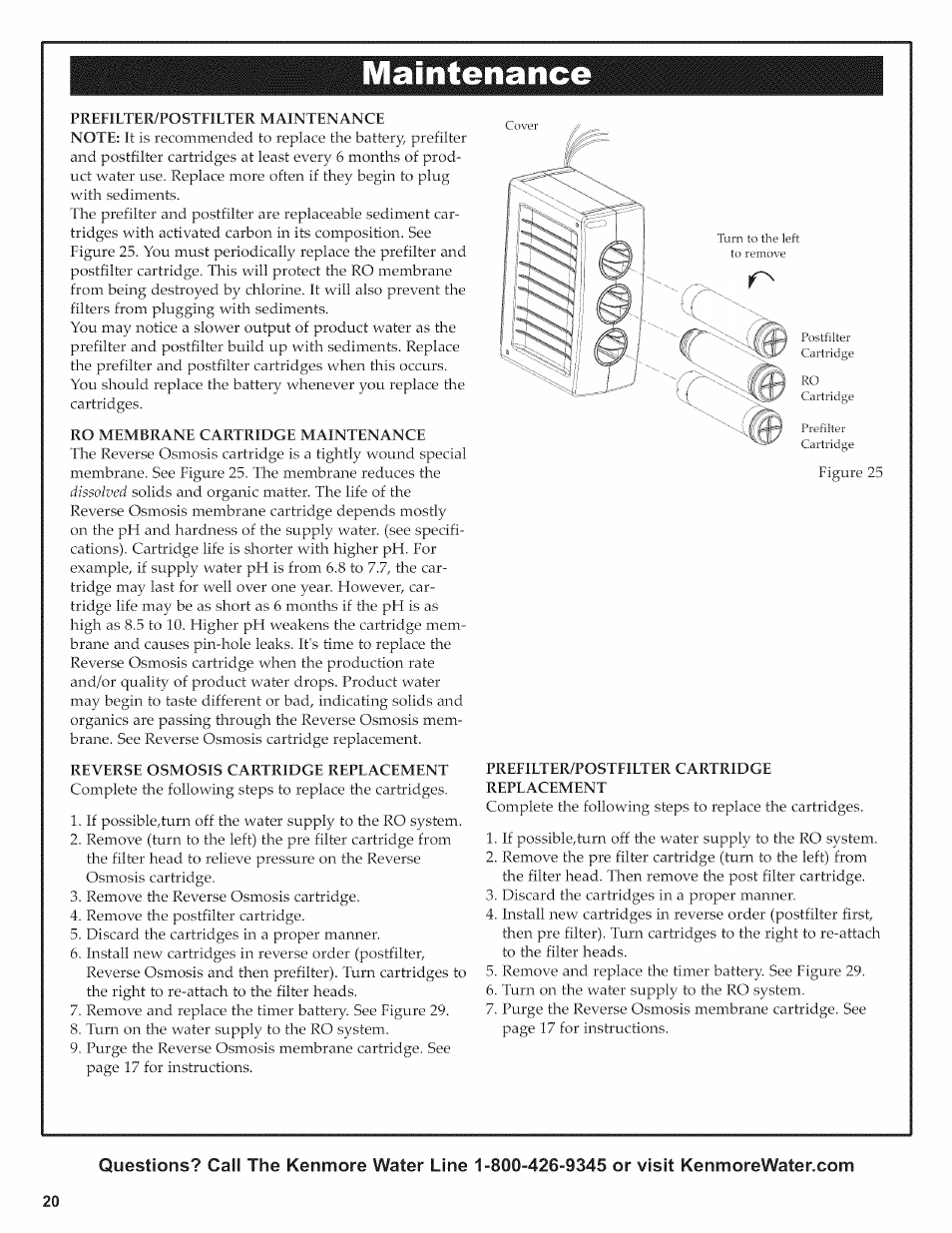 Maintenance, Reverse osmosis cartridge replacement, Maintenance -21 | Kenmore ULTRAFILTER 650 625.38556 User Manual | Page 20 / 28