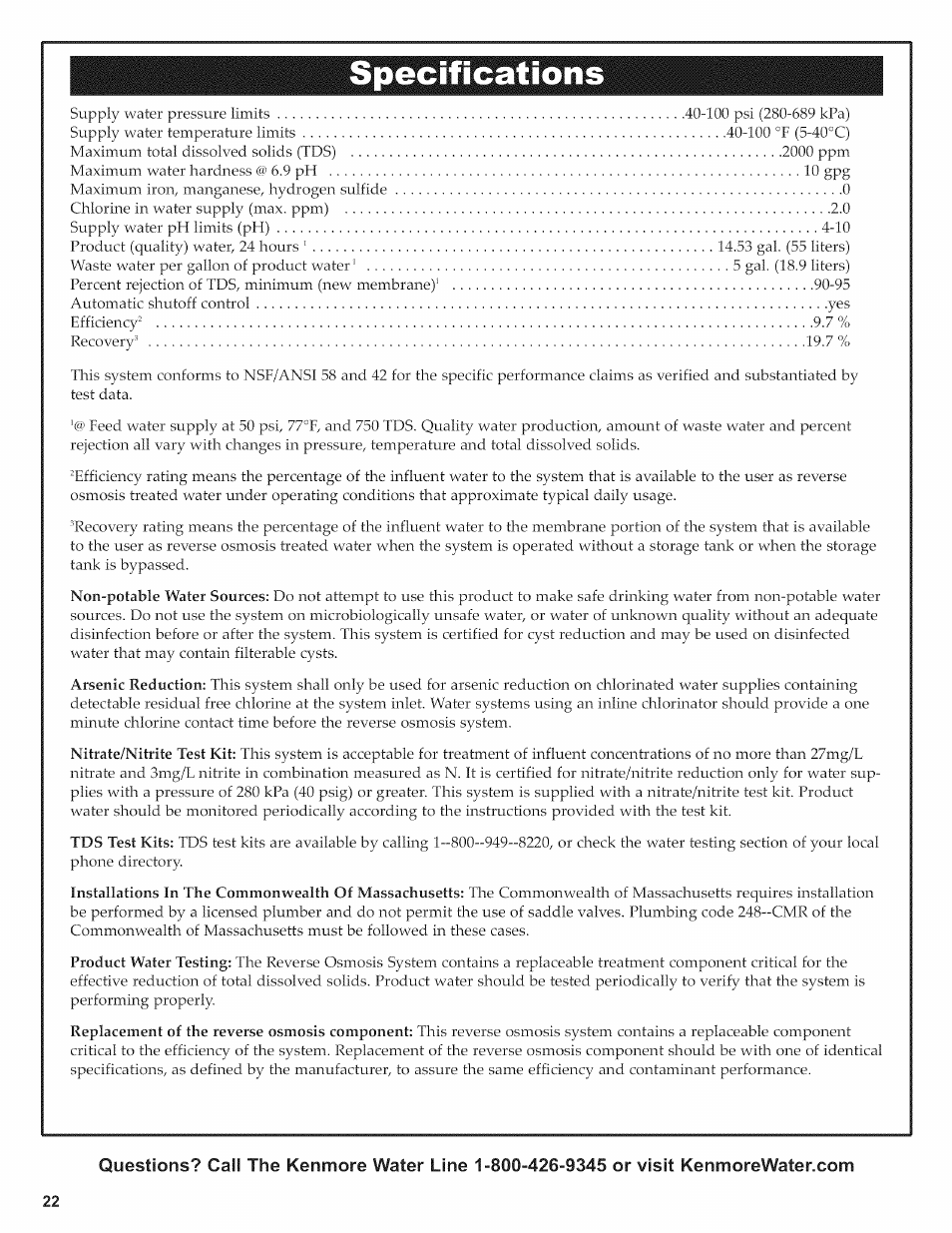 Specifications | Kenmore ULTRAFILTER 650 625.38556 User Manual | Page 22 / 28