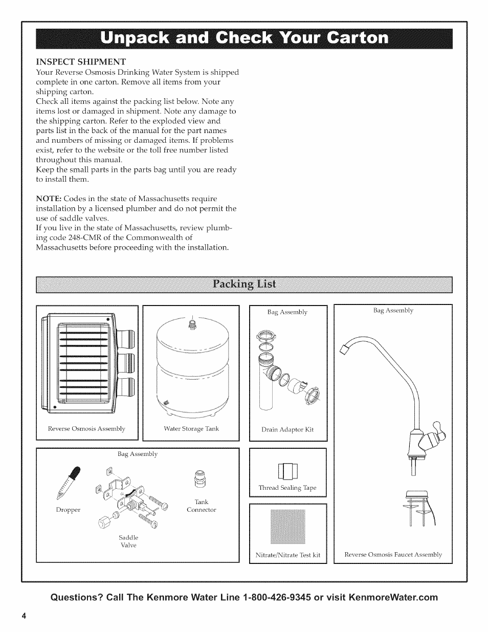 Unpack and check your carton, Inspect shipment, Packing list | Kenmore ULTRAFILTER 650 625.38556 User Manual | Page 4 / 28