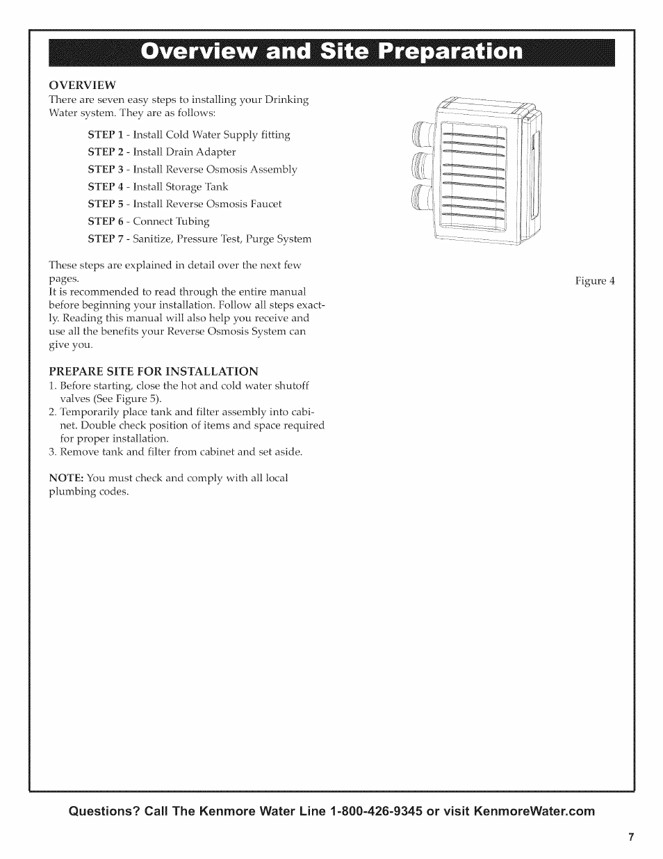 Overview and site preparation, Overview, Prepare site eor instaeeation | Kenmore ULTRAFILTER 650 625.38556 User Manual | Page 7 / 28