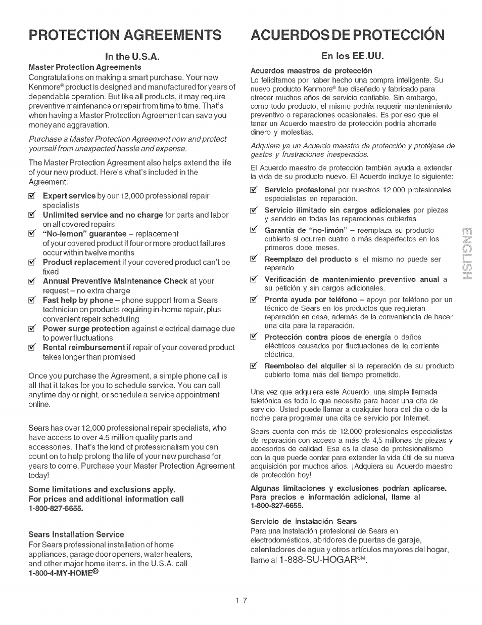 Protection agreements acuerdos de proteccion | Kenmore ELITE 790.428 User Manual | Page 17 / 18